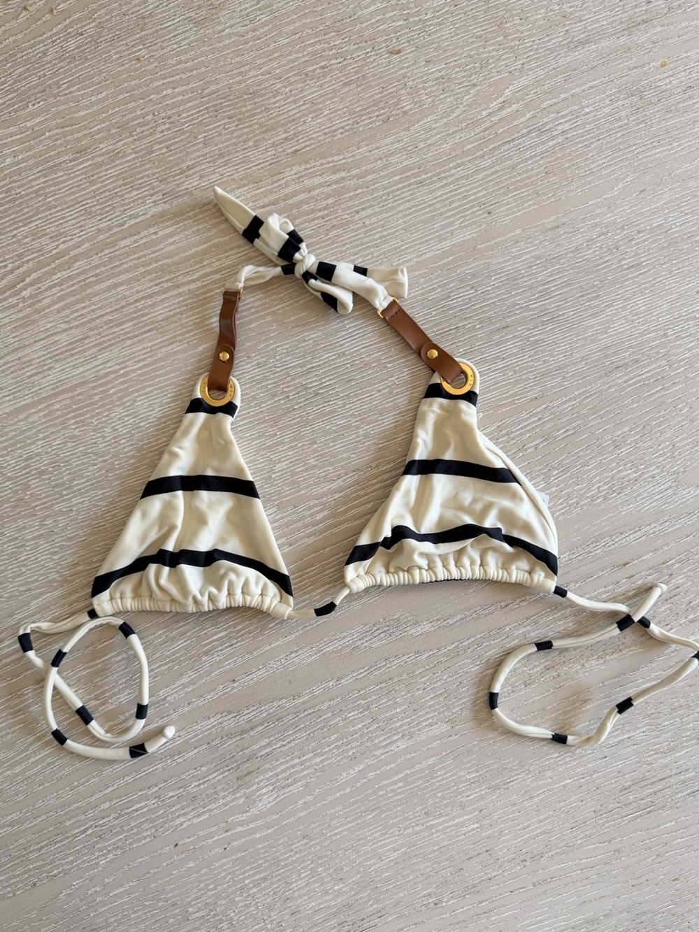 Vix cream & black striped bikini top w tan leather accents, medium